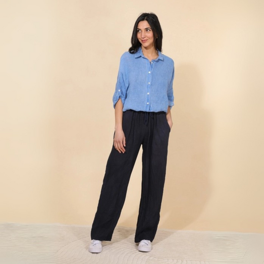 Linen Wide Leg Trousers - Navy Blue