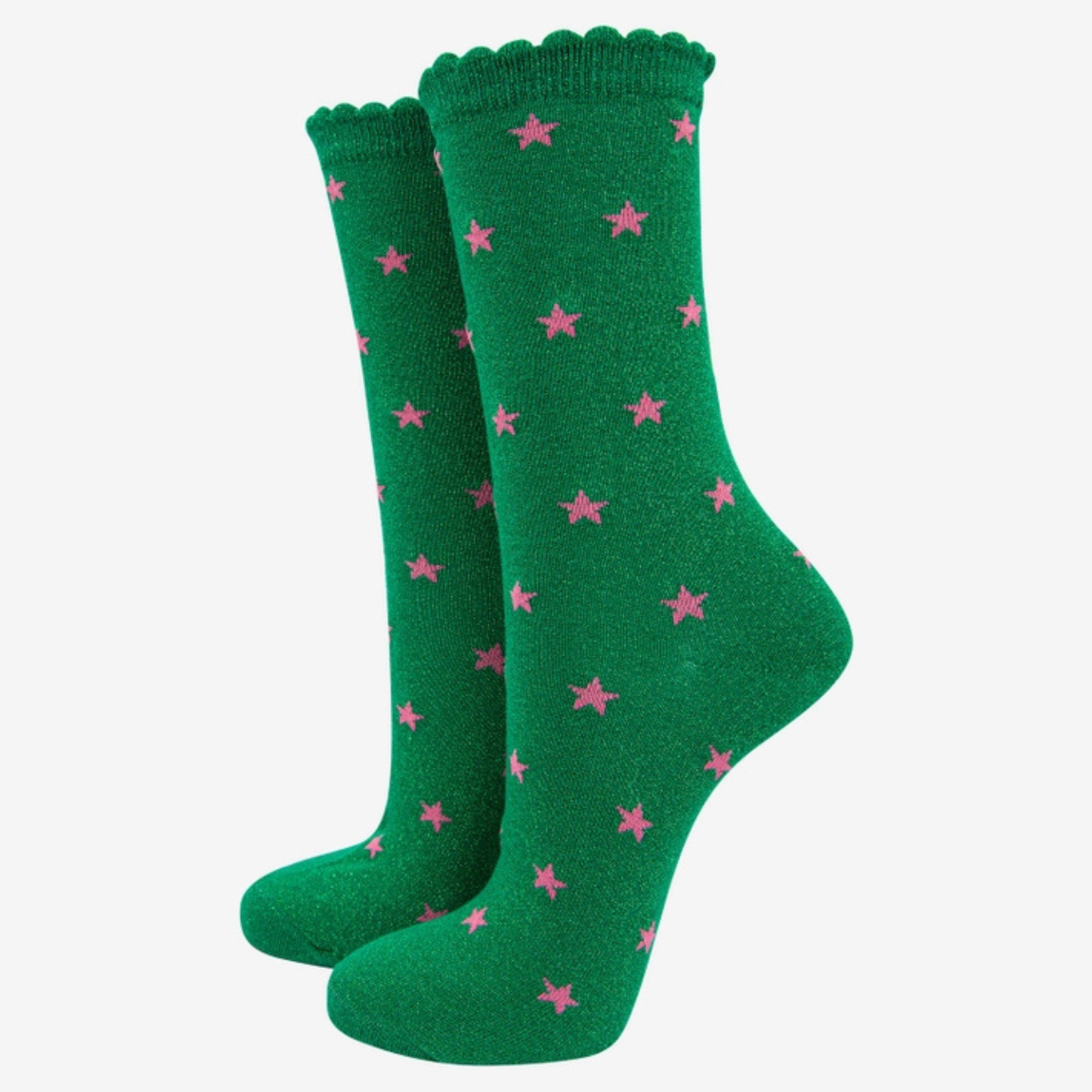 Glitter Socks - Green with Pink Stars