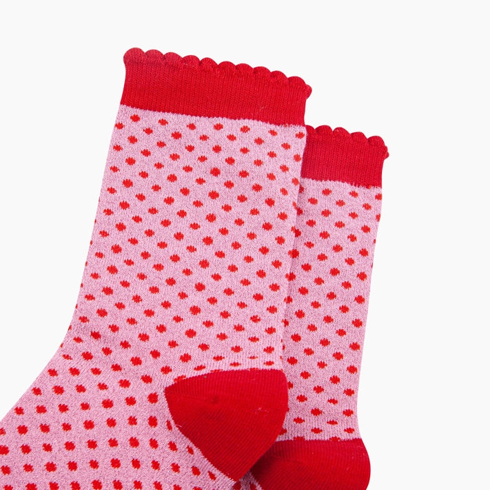 Polka Dot Cotton Glitter Socks - Pink & Red