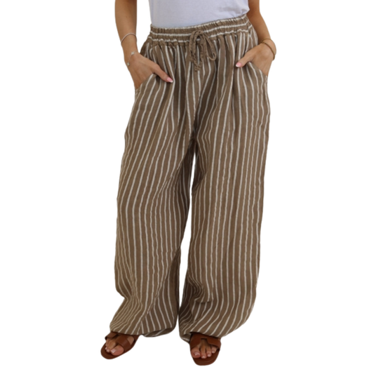 Linen Wide Leg Trousers - Tan & White Pinstripe
