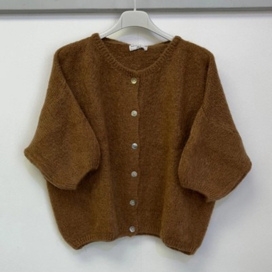 Mohair Blend Cropped Sleeve Cardigan - Camel