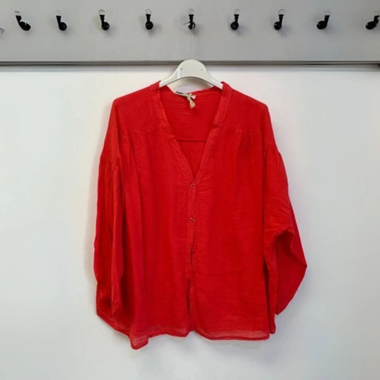 Cotton V Neck Shirt - Coral