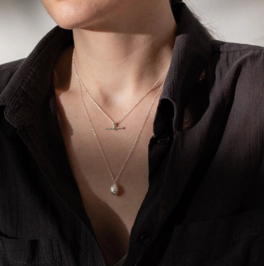 Silver Chain Necklace - White Pearl