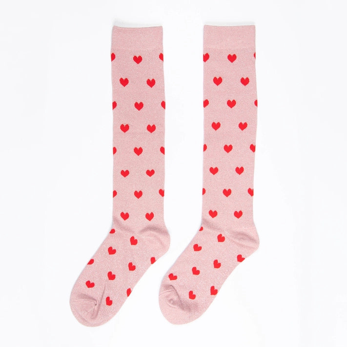 Sock Talk Knee High Glitter Socks - Pink and Red Hearts