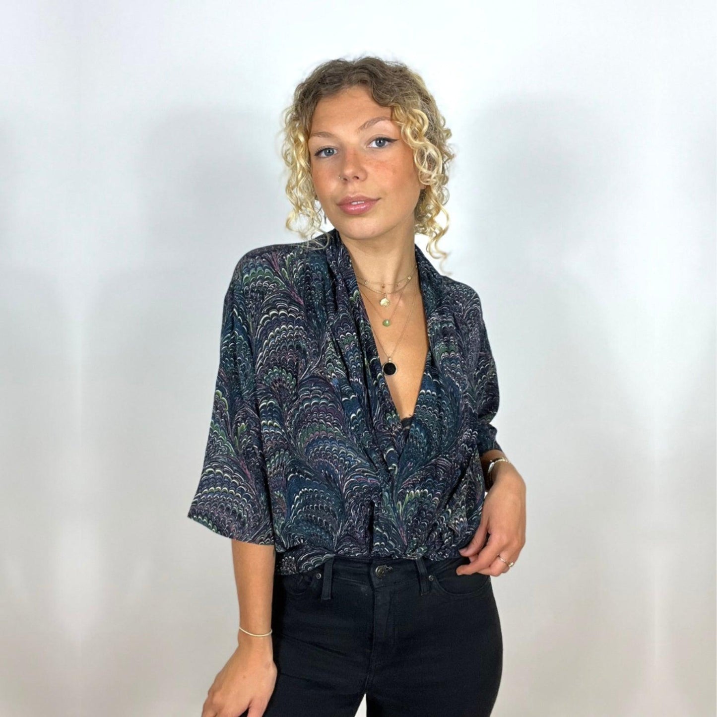 One Hundred Stars Crepe Rachel Top - Marbled Indigo