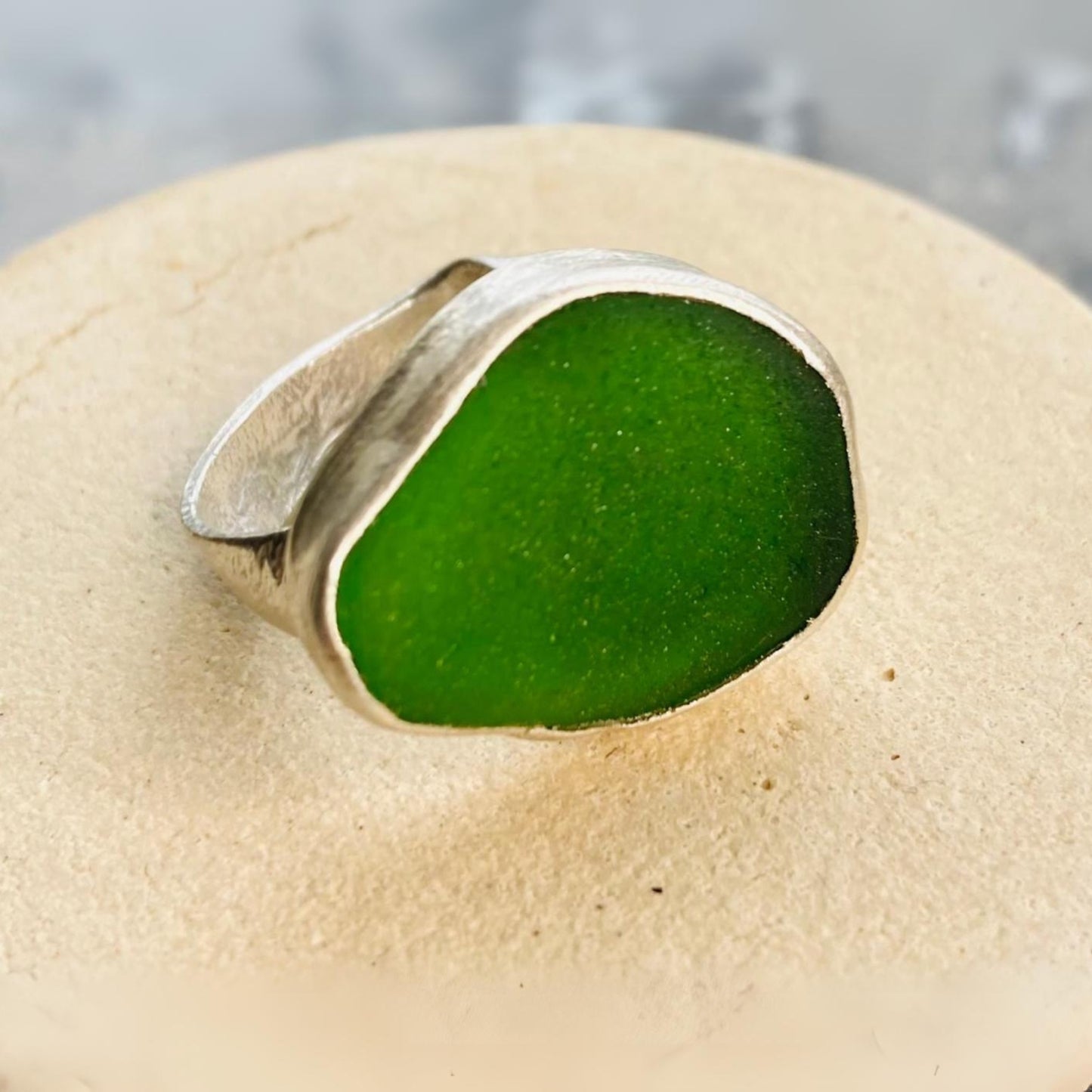 Sarah Drew Medium Eco Silver Ring - Bright Green Sea Glass