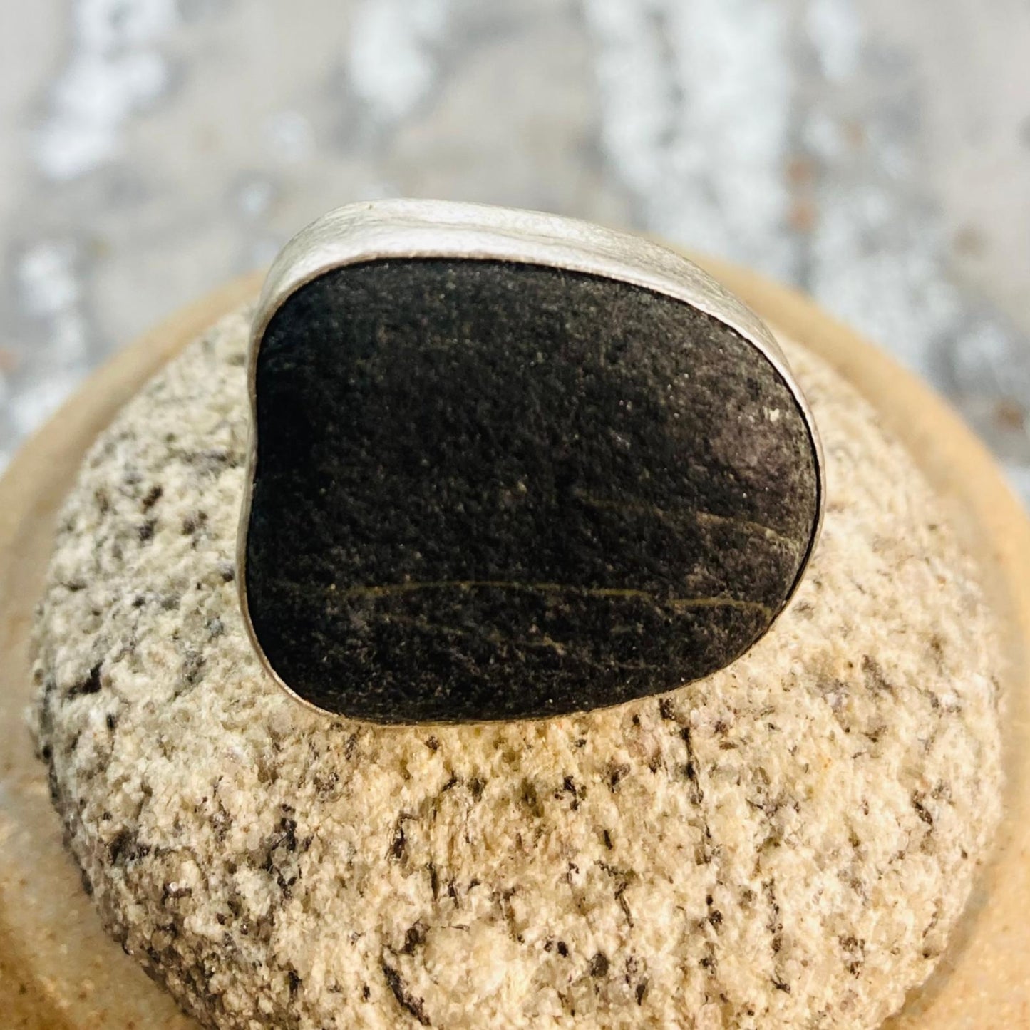 Sarah Drew Large Square Eco Silver Ring - Black Pebble