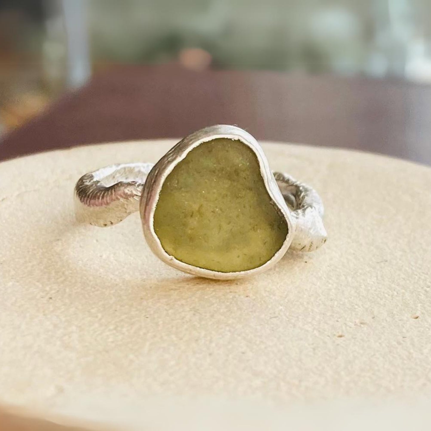 Sarah Drew Small Eco Silver Ring - Pistachio Green Sea Glass