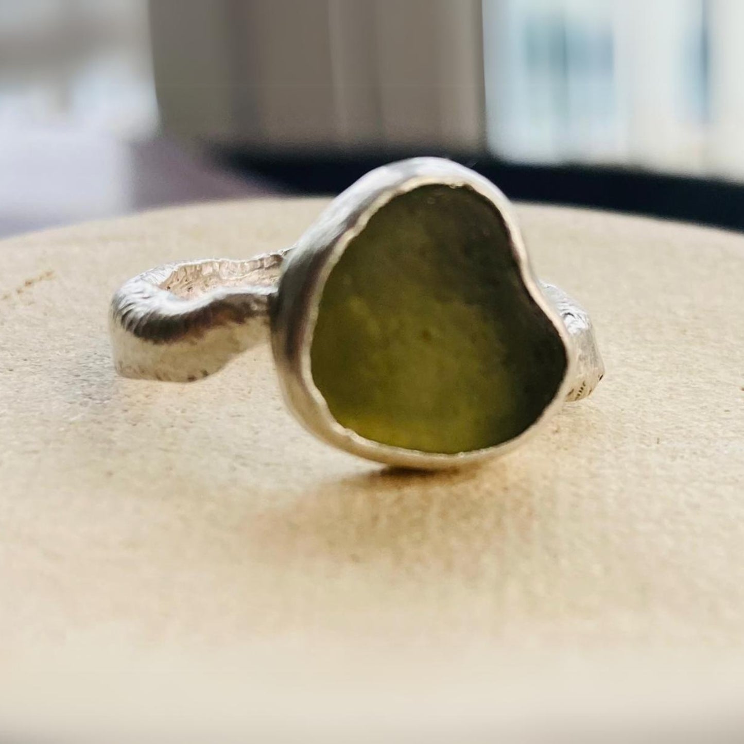 Sarah Drew Small Eco Silver Ring - Pistachio Green Sea Glass