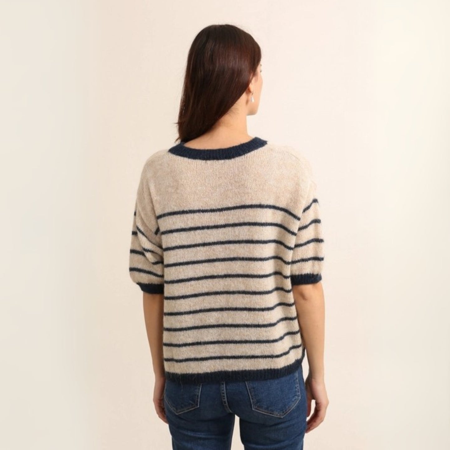 NAÏS Mohair Blend Short Sleeve Jumper - Navy Stripe