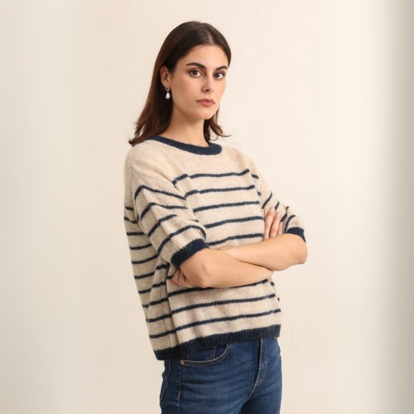 NAÏS Mohair Blend Short Sleeve Jumper - Navy Stripe