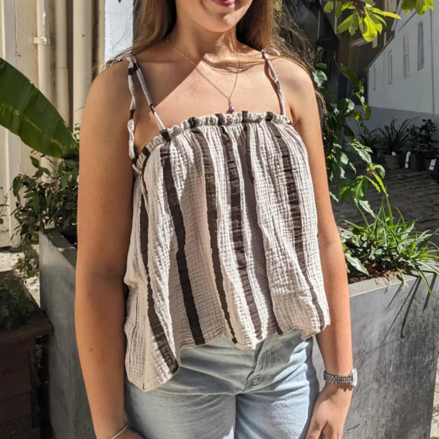 Kacie Cropped Tie Strap Top - Coffee and Cream Stripes