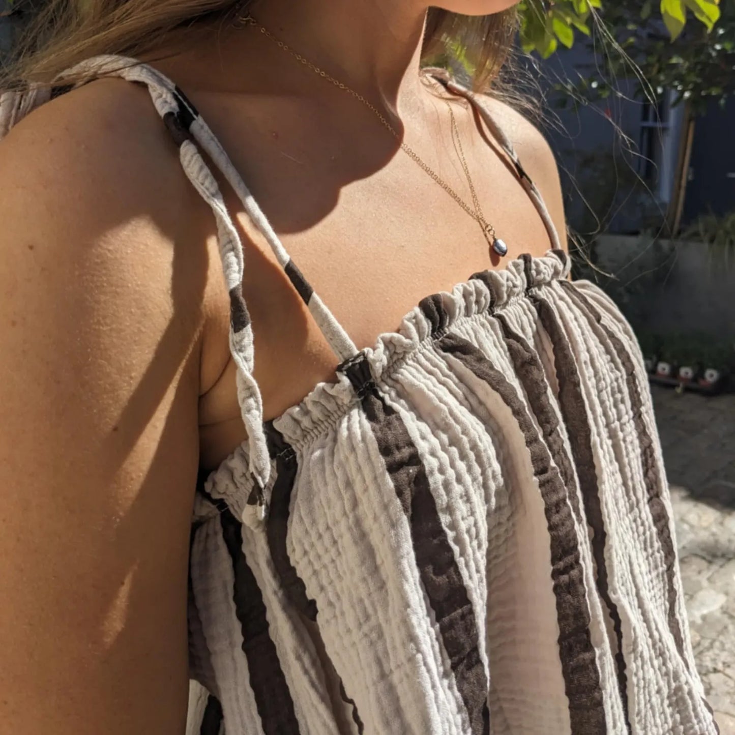 Kacie Cropped Tie Strap Top - Coffee and Cream Stripes