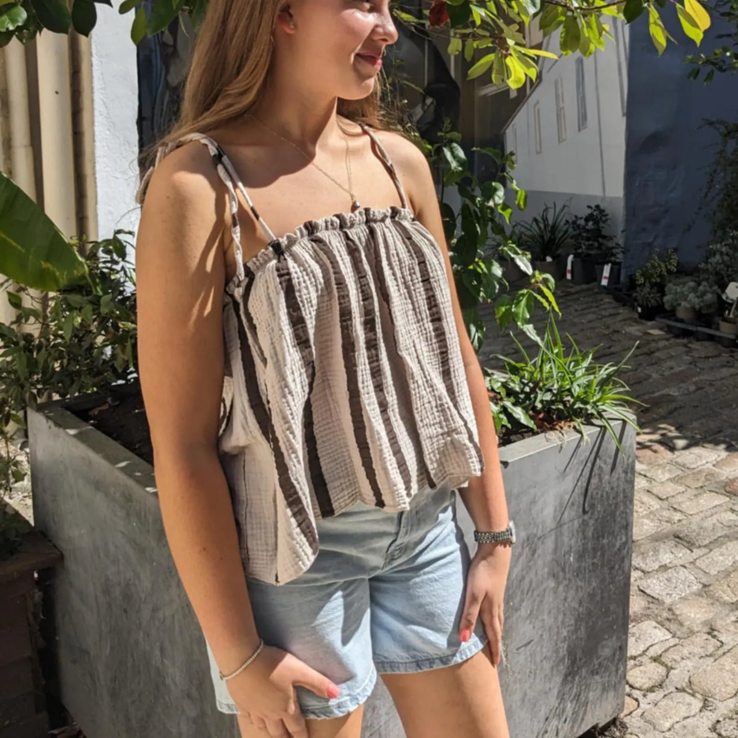 Kacie Cropped Tie Strap Top - Coffee and Cream Stripes