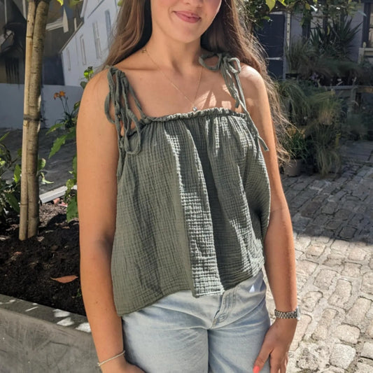Waffle Cotton Cropped Tie Top - Khaki