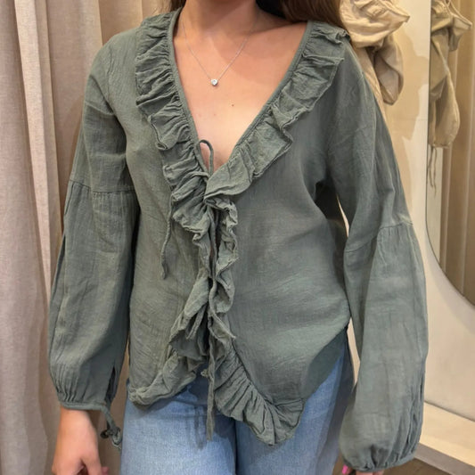 Karrie Frill Tie Front Top - Khaki
