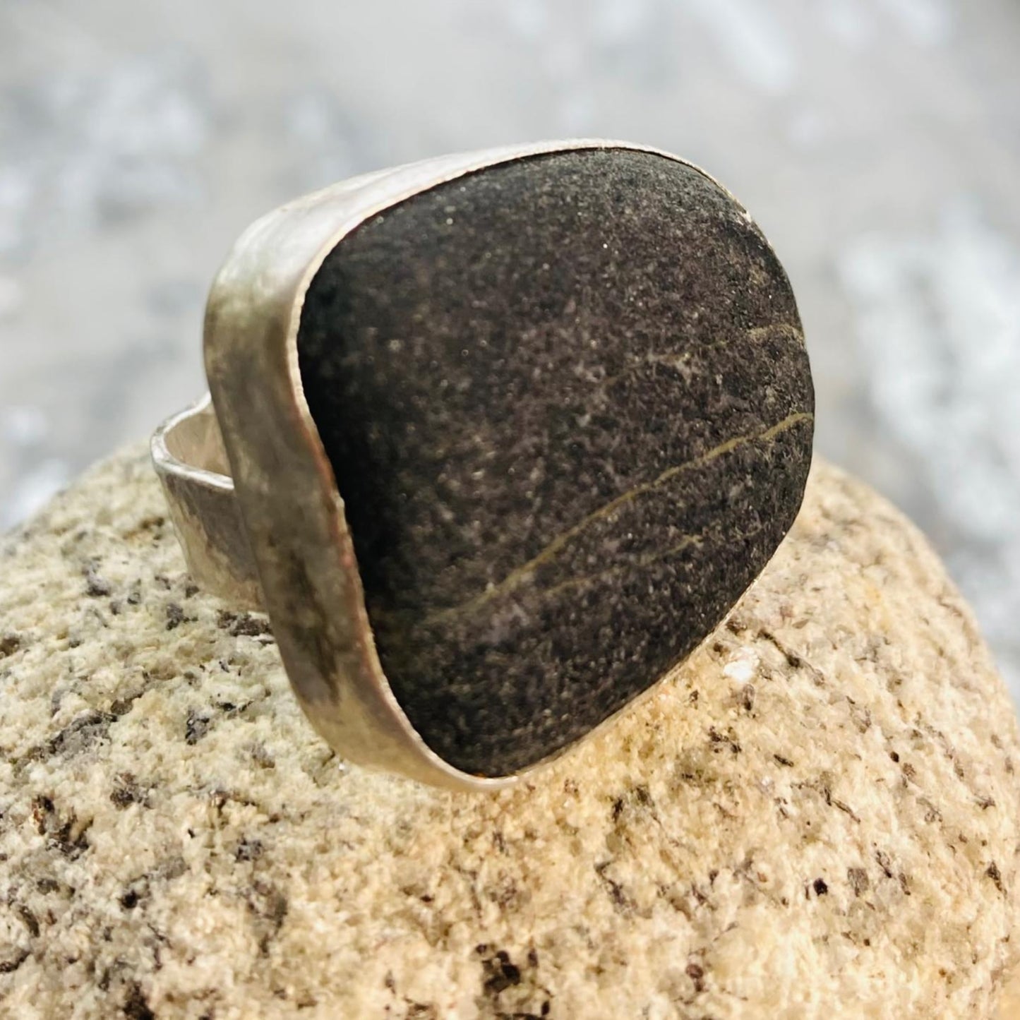 Sarah Drew Large Square Eco Silver Ring - Black Pebble