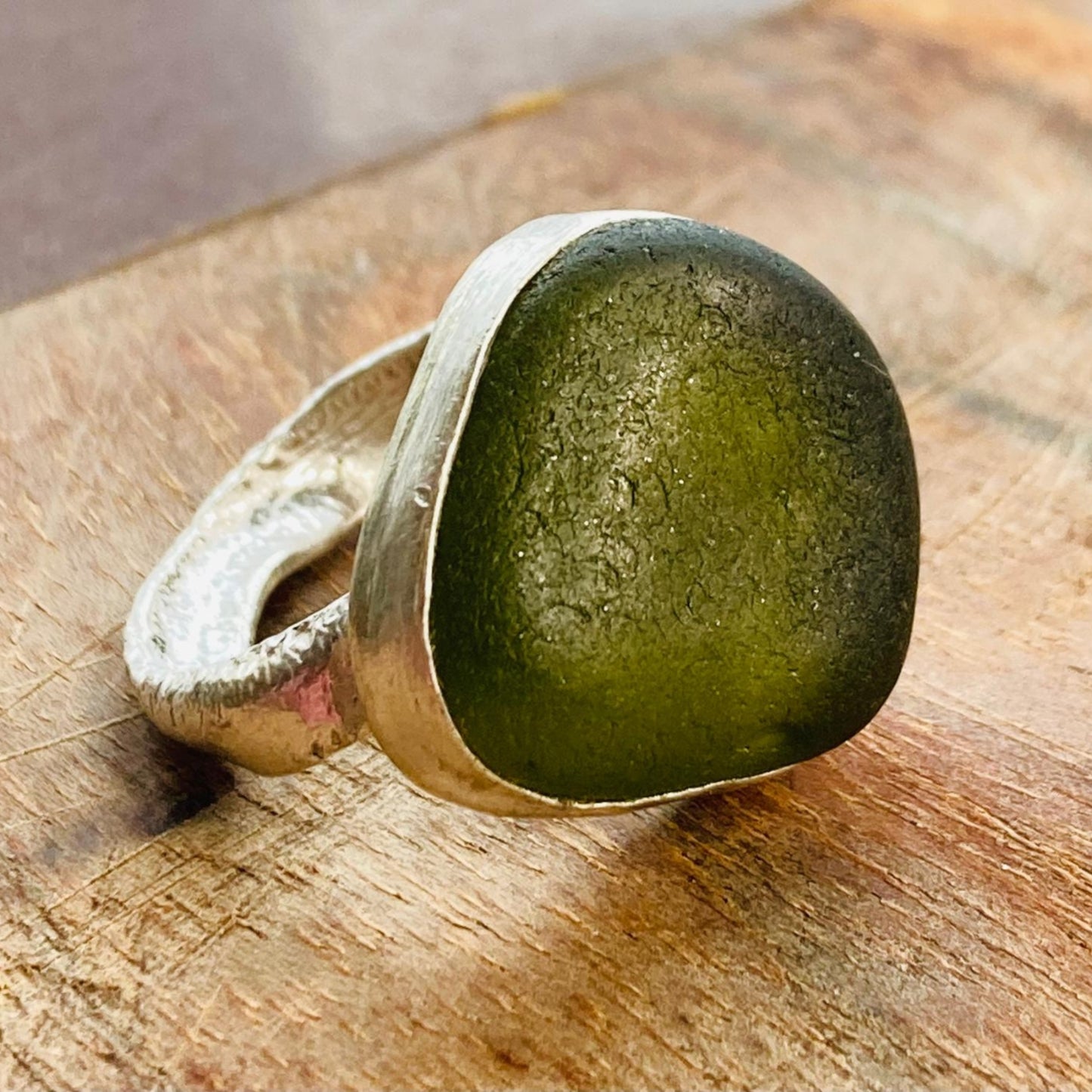 Sarah Drew Medium Eco Silver Ring - Olive Green Sea Glass