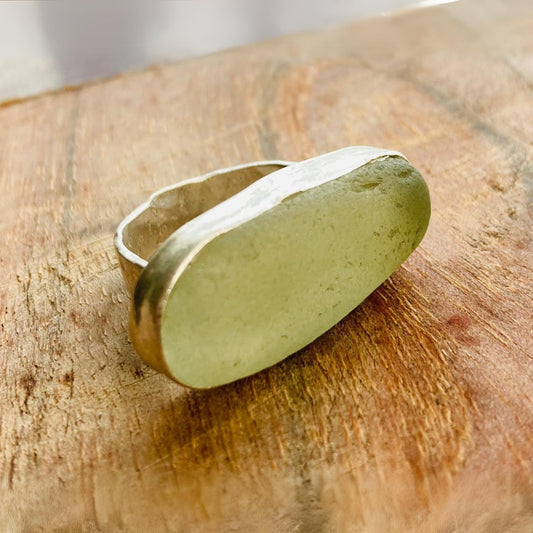 Sarah Drew Medium Oval Eco Silver Ring - Pale Green Sea Glass