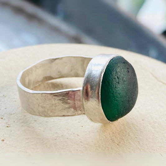 Sarah Drew Medium Eco Silver Ring - Green Sea Glass