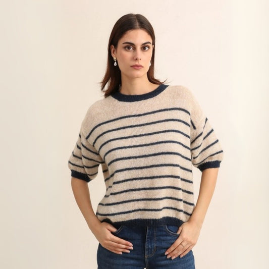 NAÏS Mohair Blend Short Sleeve Jumper - Navy Stripe