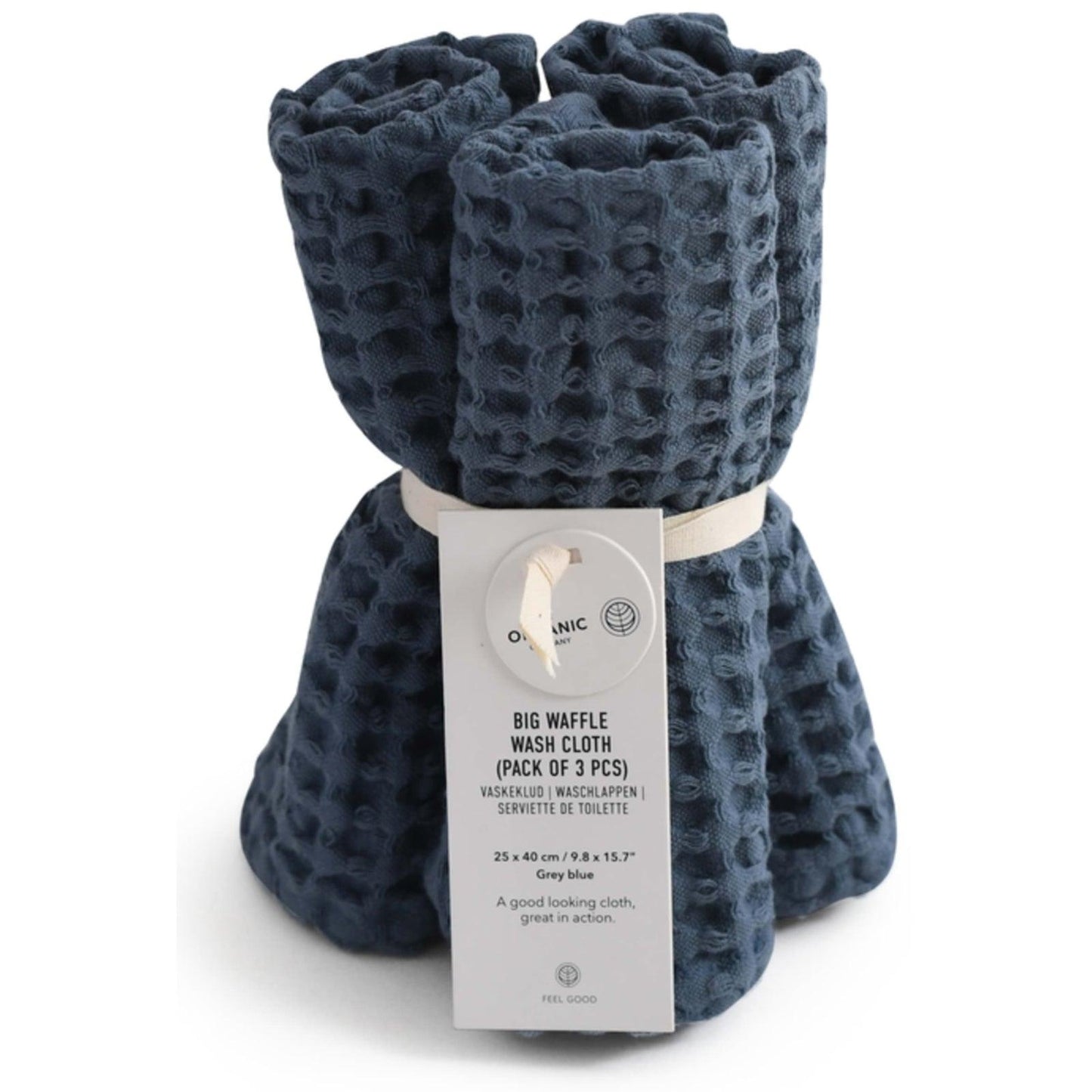 The Organic Company Pack of 3 Big Waffle Wash Cloths - Grey Blue