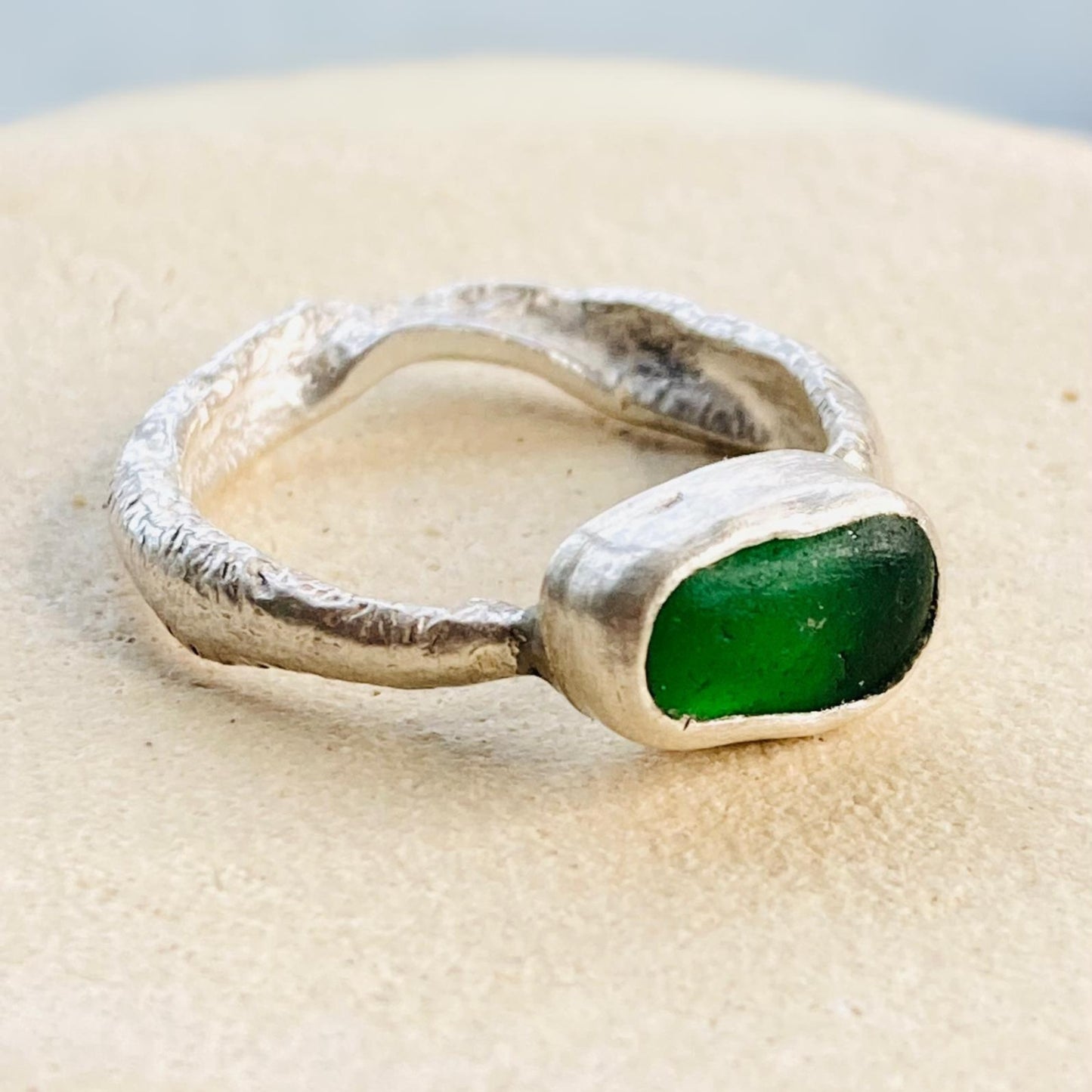 Sarah Drew Small Eco Silver Ring - Dark Green Sea Glass